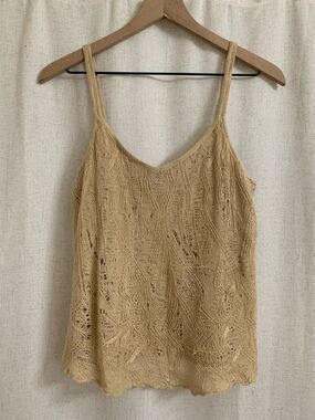 Lauren Ralph Lauren 100% Linen Camel Beige Knit Lace Pattern Camisole Top Medium